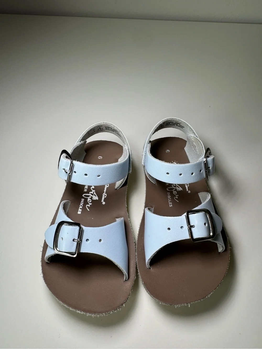 Girls 6T pale blue leather double buckle Sun-San Salt Water sandals